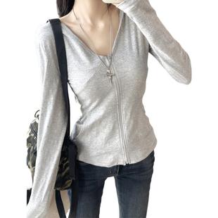 Hooded V Neck Zipper Gray Long-Sleeved Cardigan Jacket for Women Spring and Summer Design Sexy Flap Pocket Pants Sun Protection Shirt Top