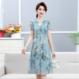 Middle-aged mother summer dress new style modified cheongsam middle-aged and elderly women's summer chiffon short-sleeved skirt