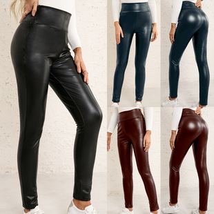 2022 foreign trade cross-border European and American women's high waist high elastic slim PU trousers motorcycle tight leather pants for women