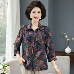 Summer Clothing for Middle-aged and Elderly Women's Pure Cotton Silk Shirt Spring Clothing for Old People's Mother Large Size Grandma's Long Sleeve Shirt for Wife