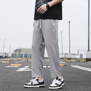 Straight Pants Men's Pendant Summer Thin Cropped Pants Breathable Sweat Absorbing Solid Color Loose All-match Casual Pants for Men and Women