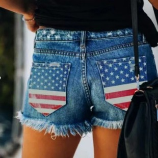 Factory Direct Sales European and American cross-border foreign trade manufacturers supply ripped temperament comb printing Denim shorts for women
