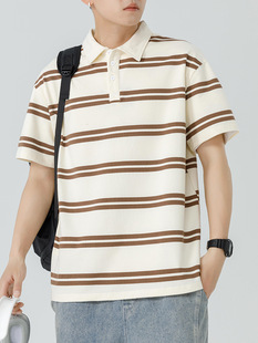 Striped polo shirt men's summer loose Japanese lapel short sleeve T-shirt loose fashion brand retro half sleeve business T-shirt