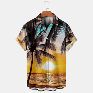 Men's cross-border new shirt 3D digital printing Hawaiian seaside fashion short sleeve lapel casual shirt