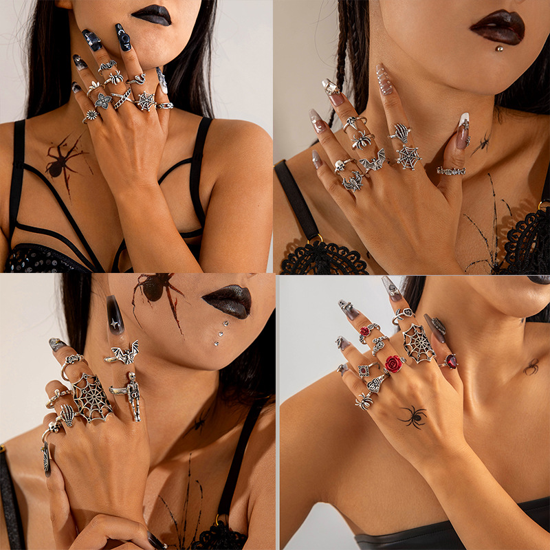 Halloween Cross-Border Dark-Style Skull Retro Ring Punk-Style Spider and Snake Animal Set Stackable Rings