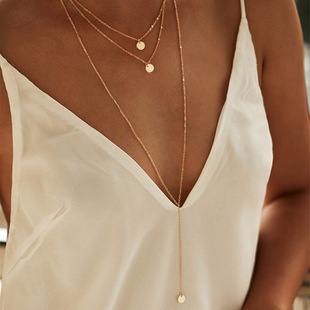 European and American Necklace Small Sequins Round Three-layer Pendant Necklace Fashion Joker Multi-layer Long Tassel Necklace Jewelry
