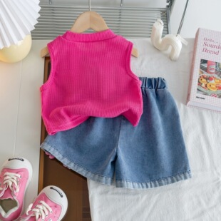 Baby Girl Summer Casual Sleeveless Cardigan Top, Fashionable Children's Summer Plaid Vest, Thin Shorts Two-Piece Set