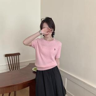 Vintage and Western Style Old Money Pony Embroidered Short-Sleeved Twist Knitted Shirt Women's Waxy Waxy Half-Sleeve Sweater