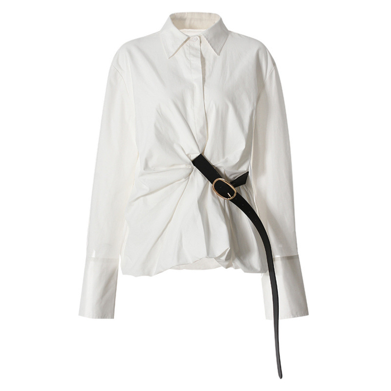2025 Spring New Pleated Waist Shirt White Casual Design Belt Fashion Temperament Mid-Length Top