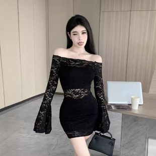 Socialite off-shoulder lace dress women's autumn new bottoming close-fitting slimming elegant sexy hip short skirt