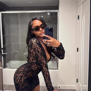 2025 new lace jumpsuit sexy women's low collar hollow long sleeve dress European and American women's slim summer cross-border