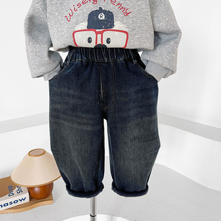The Valley of the Wind 2024 Winter New Children's Pants Korean-style Personalized Letter Thickened Trousers Boys fleece-lined Jeans