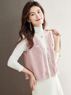 Knitted Vest for Women 2024 New Autumn and Winter Small Fragrant Pink Sweater Cardigan Vest Vest Top Spring