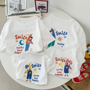Smile родитель-ребенок летняя одежда 2025 новая семья из трех человек мальчик девочка иностранная футболка с короткими рукавами на выходные