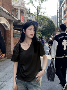 Cotton Shoulder White V-neck Short-sleeved T-shirt Women's Summer High-end Inner Base Shirt Loose Slimming T-shirt Top