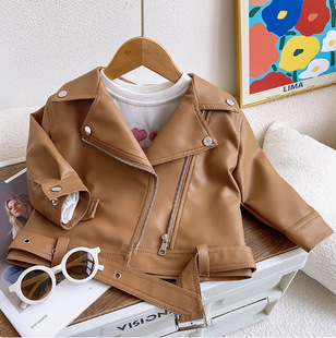 Boys and Girls Motorcycle Handsome Cool Style Large Lapel Zipper Leather Jacket Children's Coat 2024 Spring and Autumn Fashion Top