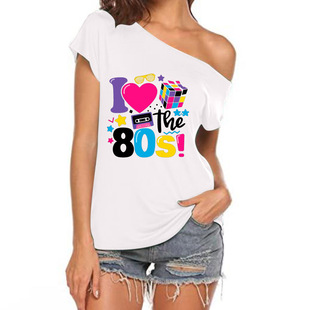 2023 summer Amazon I Love 80's letter love Rubik's cube radio printing feelings oblique collar T-shirt women