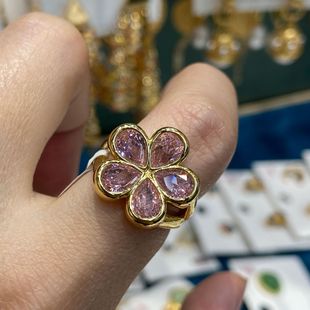 Cross-Border Hot-Selling Copper Inlaid Pink Diamond Water Drop Five-Petal Flower Ring Women's Fashion Ol Stackable Open Adjustable Flower Ring