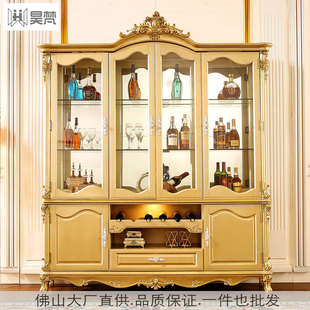 European-style Wine Cabinet Solid Wood Carved Villa Furniture Decorative Cabinet Champagne Gold Glass Four-door Multifunctional Locker High-end