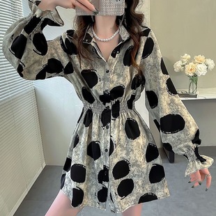 Design Sense Wrinkled Stychy Waist Mid-length Top Women's Stykin' Stykin' Beautiful Printed Shirt with Horn Sleeve