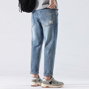2024 Jeans Men's Straight Loose Trendy Brand Elastic All-match Spring and Summer High-end Light Blue Cropped Pants Tapered Harlan