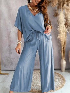 Cross-border Europe and America 2025V Collar Bat Sleeve Casual Loose Wide Leg Pants suit Women
