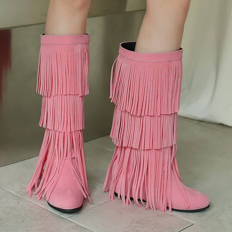 40-48 Large Size Boots for Women, Autumn and Winter Women's Boots, Three-Layer Tassel Boots, High-Top Foreign Trade Women's Shoes, Round-Toe Tassel Long Boots