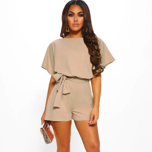 ebay AliExpress Amazon summer hot shorts fashion solid color belt short sleeve jumpsuit