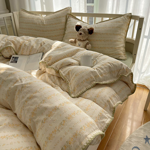 Class A Cotton Double-layer Yarn Bed Four-piece Set Cotton Shell Side Quilt Cover Bed Sheet Dormitory Three-piece Set Four Seasons Universal 4
