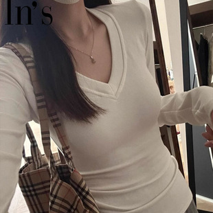 De Rong 240g Threaded Warm Backing Shirt Autumn and Winter New American All-match Shoulder V-Neck Long Sleeve T-shirt Top Fashion