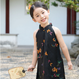 Девушка Cheongsam Летний новый красивый ребенок Новый китайский стиль бабочки с принтом без рукавов юбка Hanfu