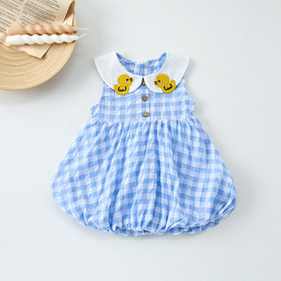 Children's Wear 2025 Summer Girls Baby Duck Embroidered dress Fresh Style Plaid dress Thin Skirt