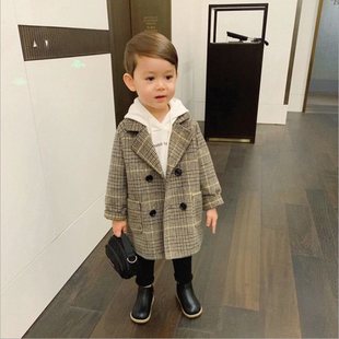 Cyber Celebrant Children's Wear Boy's Coat 2024 Autumn and Winter New Mid-length Korean Style Children's Wool Coat Handsome