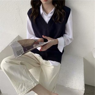 Spring and Summer Thin Loose Lazy Style Pullover V-Neck Vest Sleeveless Knitted Waistcoat Women's Trendy Korean Style Sweater