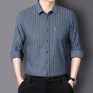 Autumn new long sleeve striped real pocket men's silk linen shirt casual versatile business shirt wholesale