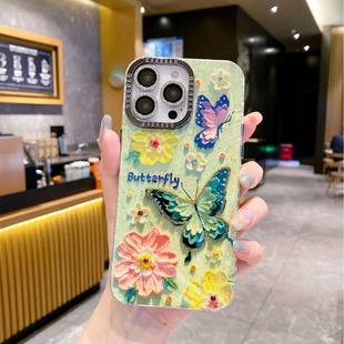 Картина маслом бабочка применима iPhone15Promax чехол для мобильного телефона металлическая рамка с блестками бриллиантовый объектив Apple 14 защитный чехол