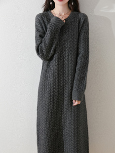 Autumn and Winter New 100 Wool Dress Women's Thickened Mid-length Knitted Twist Sweater Dress Loose Lazy Style dress