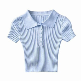 2024 Summer Internet Popular Retro Lar Short-sleeved Knitted Shirt Women's Slim-fit Slimming Short Navel-exposed White Top