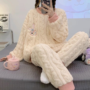 Jacquard Plush Coral Fleece Pajamas Women's Suit Winter Round Neck Home Clothes Cartoon Running Amount Dark Flower Cartoon Exterior