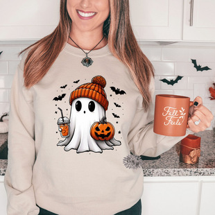 Amazon Foreign Trade Ladies Crewneck Halloween Sweat Coffee Pumpkin Bat Loose terry Ghost Sweat in stock