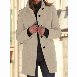 2024 autumn and winter women's clothing New retro solid color button stand collar woolen coat