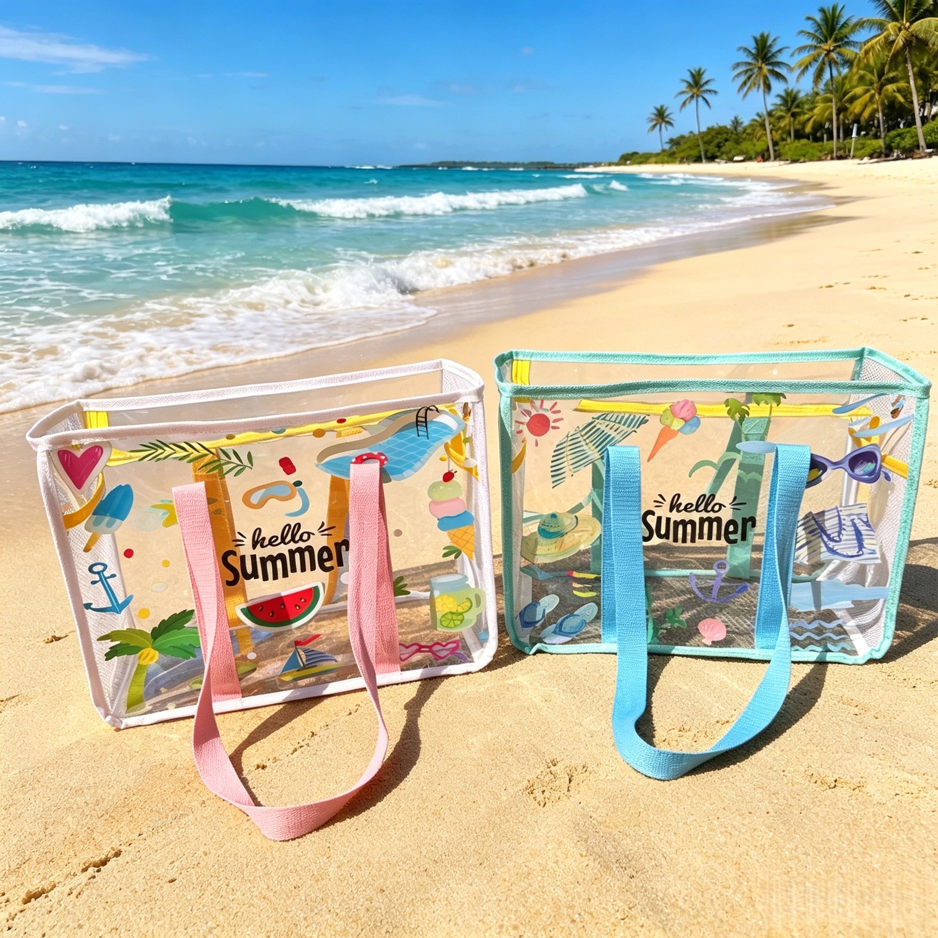 Summer cartoon print transparent beach bag for women, large capacity, waterproof swimming bag, suitable for beach vacations and swimwear storage.