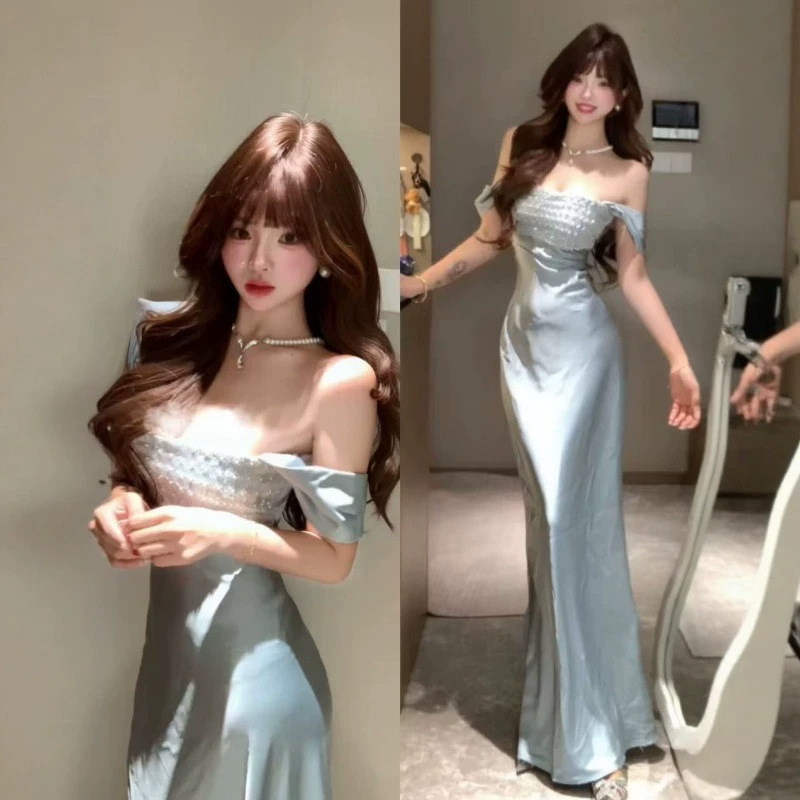 French Sexy Lace Blue Satin Suspender Dress for Women 2026 New Style Light Luxury Elegant Banquet Dress Long Dress