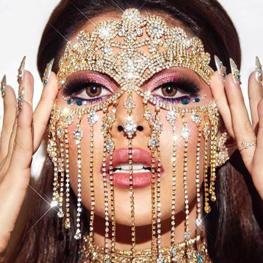 European and American Sexy Niche Design Veil Dance Party Rhinestone-Encrusted Tassel Face Covering Mask Stage Accessories Party