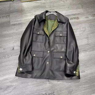 2024 autumn and winter new leather sheepskin leather Army Green lining casual frock wind leather jacket windbreaker coat