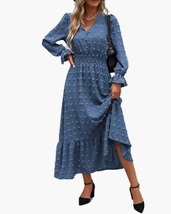 Amazon Cross-border New Bohemian Long-sleeved V-neck Polka Dot High Waist Button A- line Pleated Layered Women's Long Dress