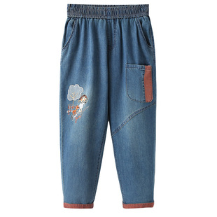 Fat MM Denim Hallen Pants Embroidered Cropped Pants Staggered Waist 2024 Summer Large Size Women's Pants Color-block Staggered Trendy 215 Pants