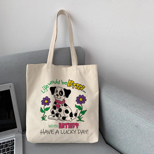 New Canvas Bag Women's One Shoulder Cute Dog Illustration Canvas Bag Large Capacity Zipper Student's Class Tutor Bag