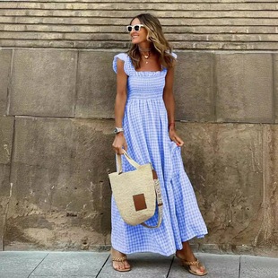 Cross-border Amazon Women's Summer dress Sleeveless Square Neck High Waist Plaid Elegant Loose Mid-length dress