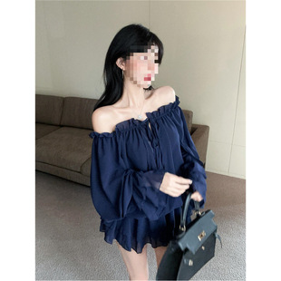 Pure Desire Style Elegant Petal Level Shoulder Drawstring Chiffon Shirt Women's off-shoulder Mesh Long-sleeved Top Women